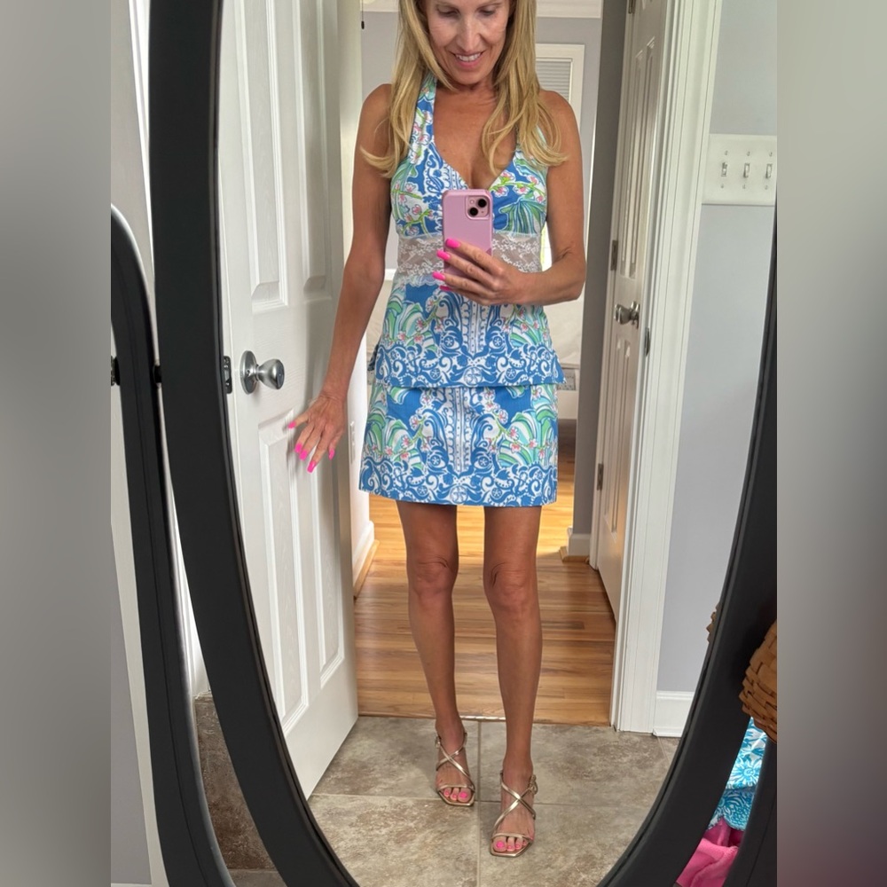 Lilly Pulitzer Bay blue coasting engineered shell skirt and custom made halter